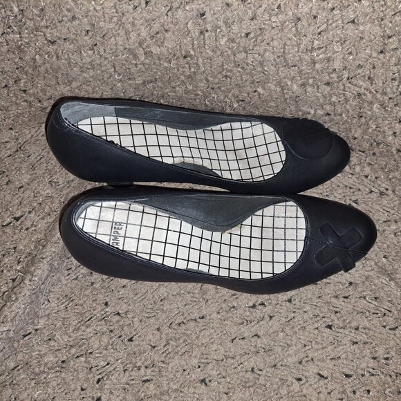 CAMPER TWINS-X & O-Black Leather-Blue/Grey Stripe Heels-Size 41-Excellent - Picture 7 of 8